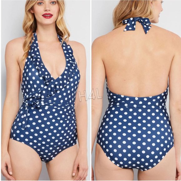 NWT ModCloth Retro Ruffle Polka Dot Swimsuit - Picture 2 of 3
